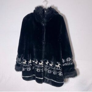 Alia Black Faux Fur Coat With Hood And Winter Themed Trim M